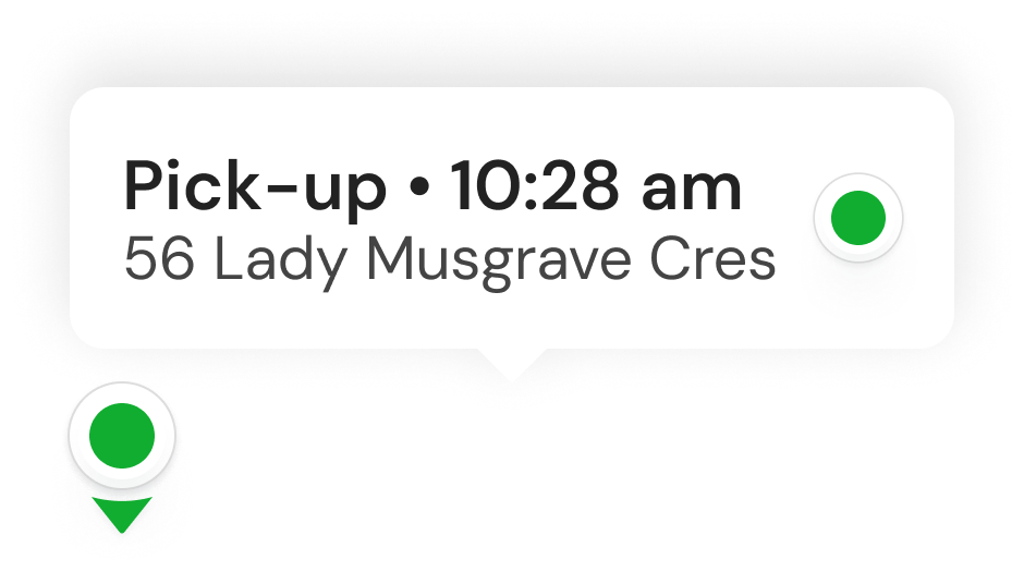 Pick-up location card showing 56 Lady Musgrave Cres at 10:28 am